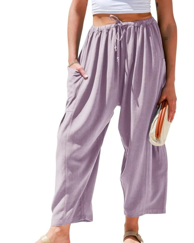 Effortless Linen Pants for Women with High Waist Drawstring Cropped Wide Leg Relaxed Casual Style