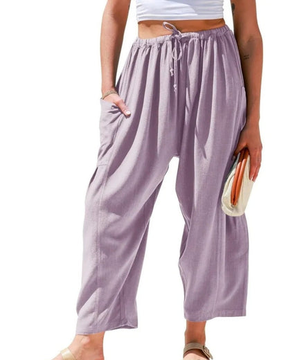Effortless Linen Pants for Women with High Waist Drawstring Cropped Wide Leg Relaxed Casual Style
