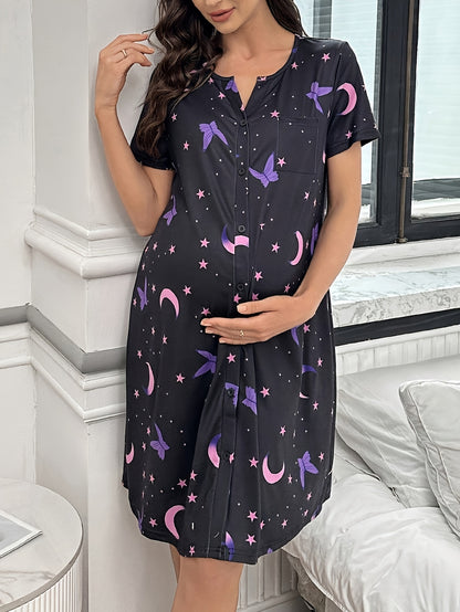 Comfortable Printed Maternity Nightgown for Women with Round Neck Short Sleeve Button Front Relaxed Style