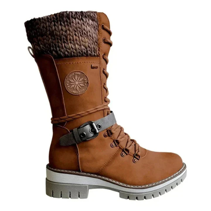 Cozy Knit Cuff Rainproof Boots for Women with Lace Up Buckle Strap Mid Calf Winter Style