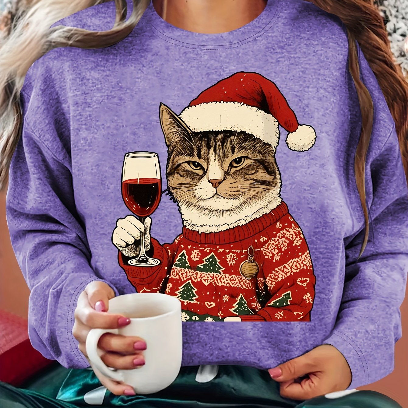 Comfortable Cat Graphic Christmas Tacky Sweater for Women with Crew Neck Long Sleeve Pullover Holiday Style
