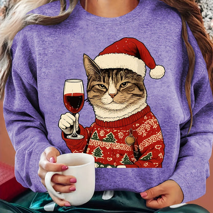 Comfortable Cat Graphic Christmas Tacky Sweater for Women with Crew Neck Long Sleeve Pullover Holiday Style