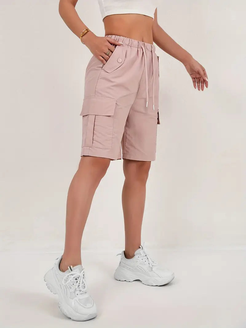 Effortless Pink Cargo Shorts for Women with High Waist Drawstring Button Pocket Relaxed Casual Style