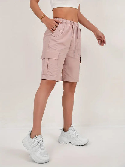 Effortless Pink Cargo Shorts for Women with High Waist Drawstring Button Pocket Relaxed Casual Style