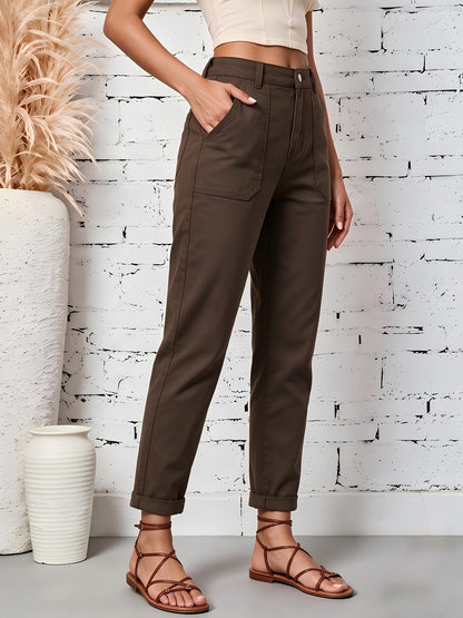 Effortless Coffee Brown Cotton Trousers for Women with High Waist Patch Pocket Cuffed Hem Relaxed Style