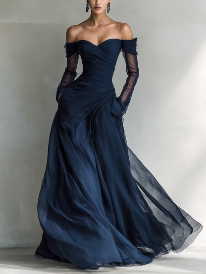 Elegant Formal Wedding Guest Dresses for Women with Off Shoulder Sheer Long Sleeve Ruched Chiffon Fitted Maxi Style