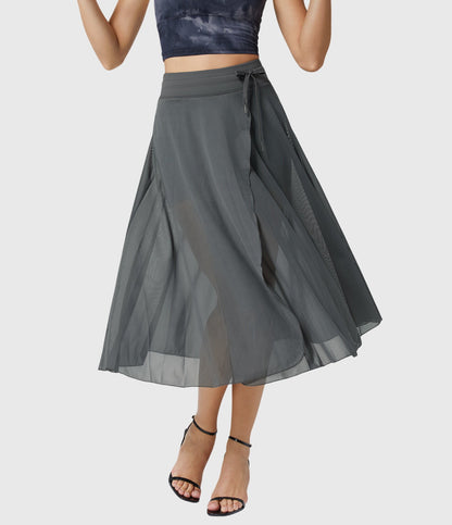 Effortless Sage Green Mesh Skirt for Women with High Waist Drawstring A Line Flowy Style