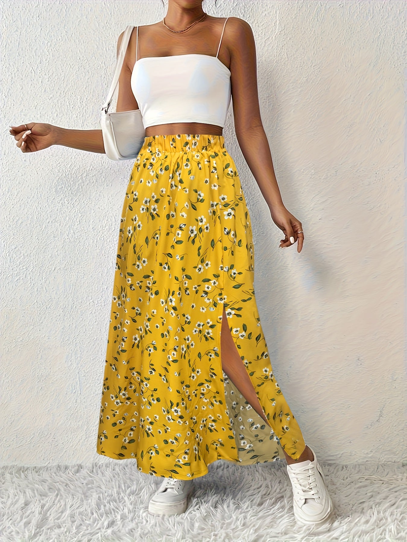 Effortless Blue Floral Maxi Skirt for Women with High Waist Side Slit Flowing Bohemian Style