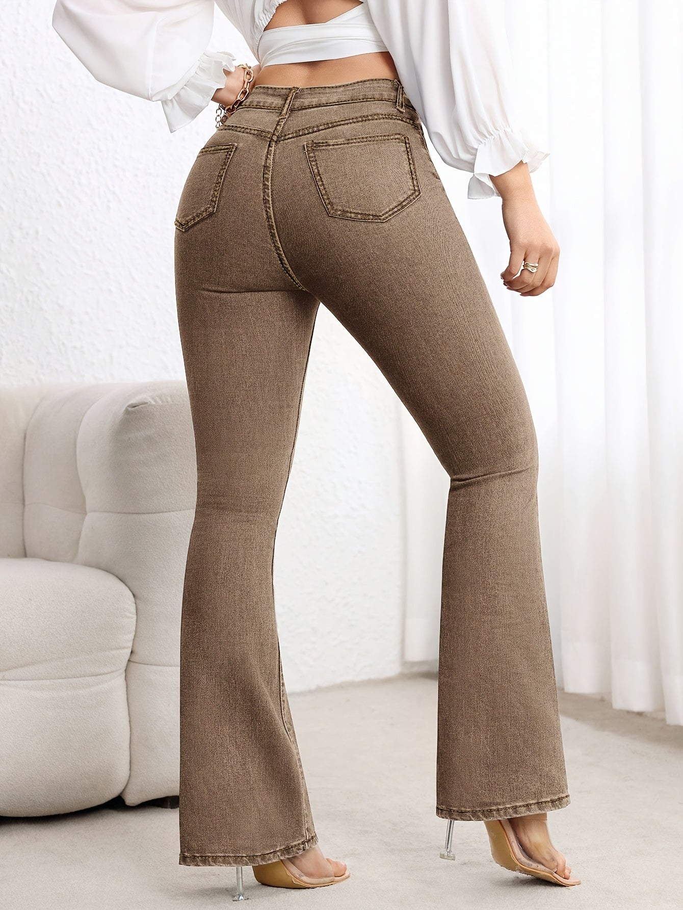 Effortless Coffee Brown Flare Jeans for Women with High Waisted Contrast Stitch Relaxed Style