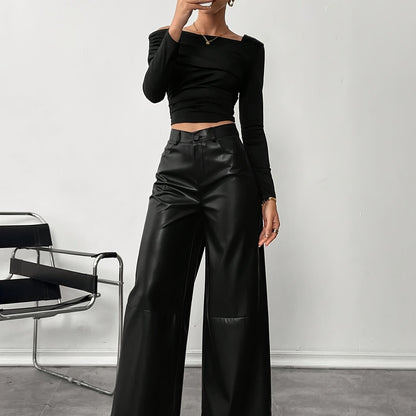 Chic Black Faux Leather Slacks for Women with High Waist Wide Leg Tailored Trouser Style