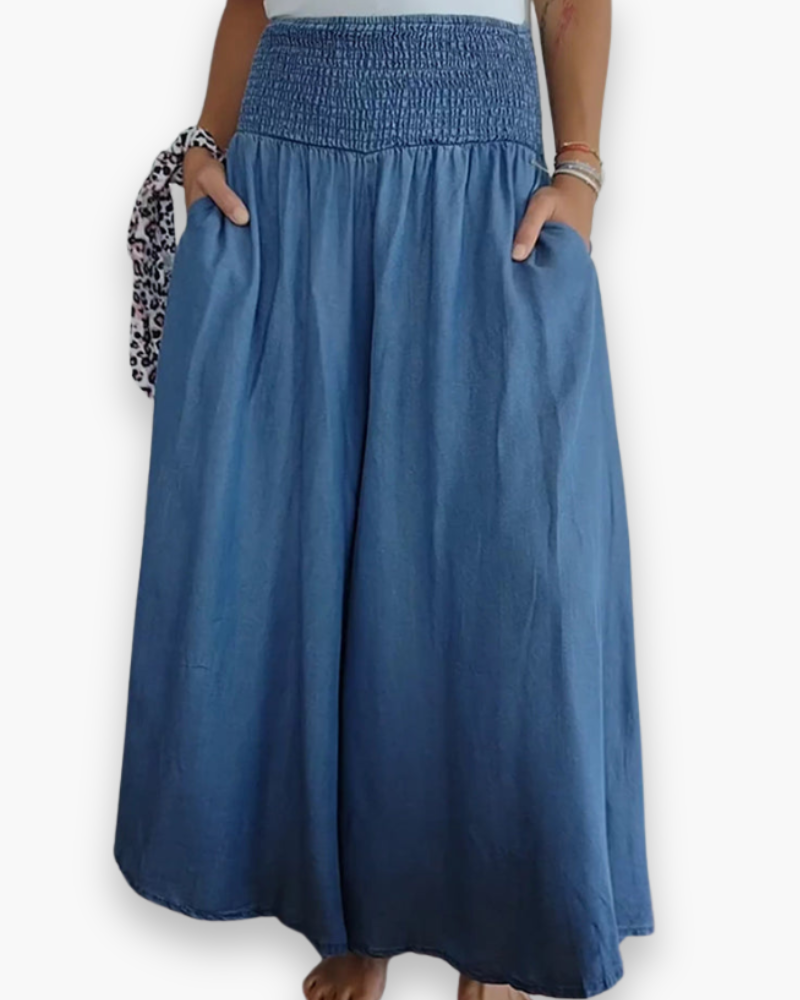 Effortless Chambray Maxi Skirt for Women with High Waist Smocked Pocket Flowing Style
