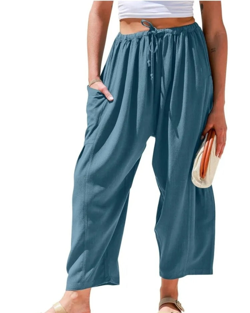 Effortless Linen Pants for Women with High Waist Drawstring Cropped Wide Leg Relaxed Casual Style