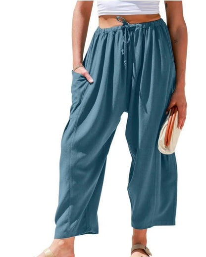 Effortless Linen Pants for Women with High Waist Drawstring Cropped Wide Leg Relaxed Casual Style