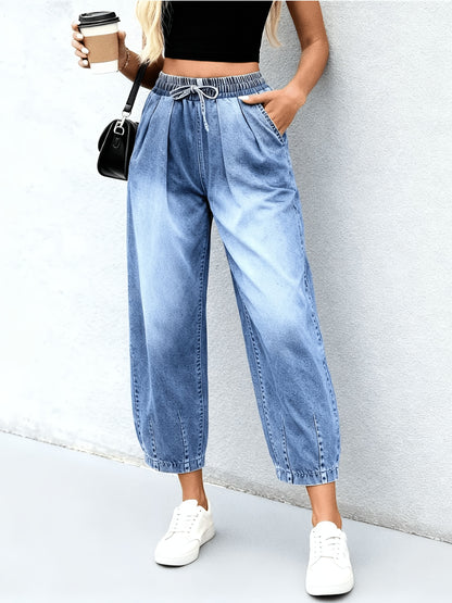 Effortless Light Blue Relaxed Barrel Jeans for Women with Elastic Waist Drawstring Cuffed Hem