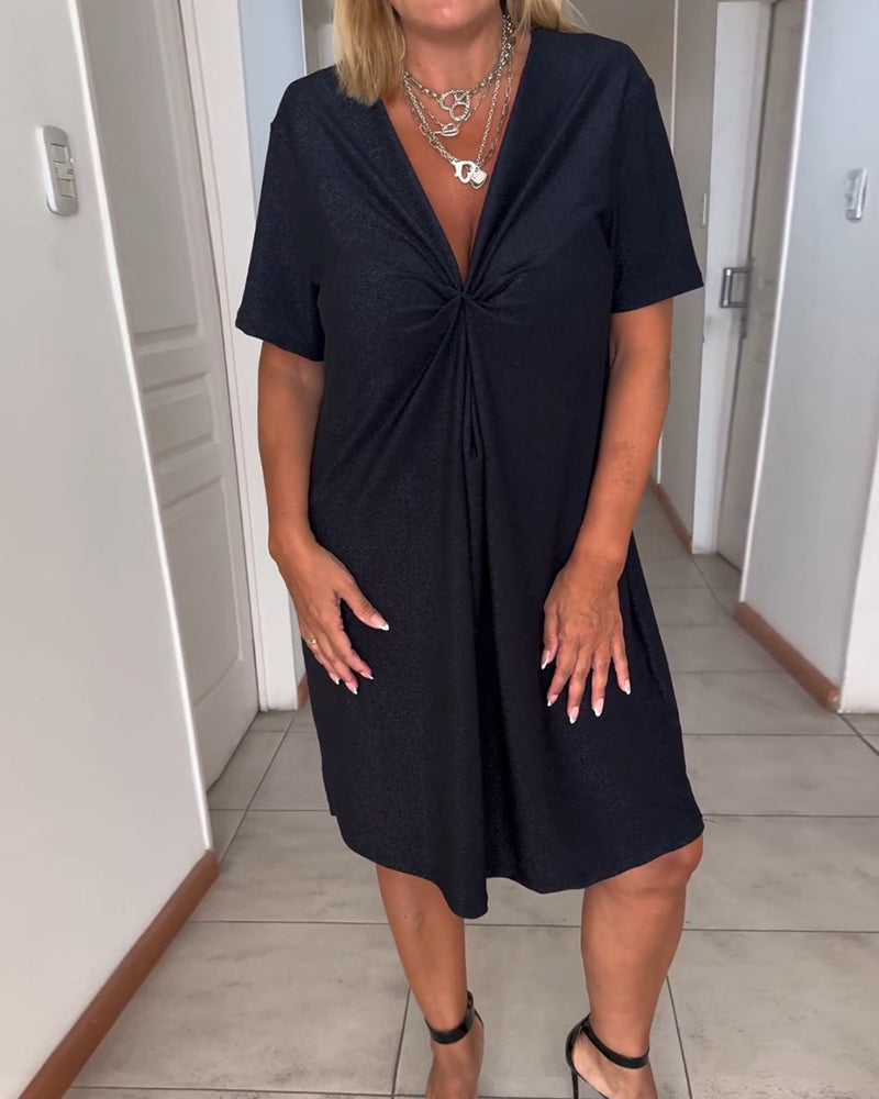 Elegant Little Black Dress for Women with V Neck Short Sleeve Twist Front Relaxed Shift Style