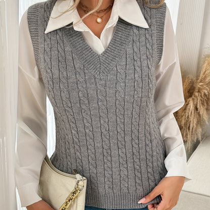 Comfortable Grey Cable Knit Sweater Vest for Women with V Neck Sleeveless Ribbed Trim Relaxed Style