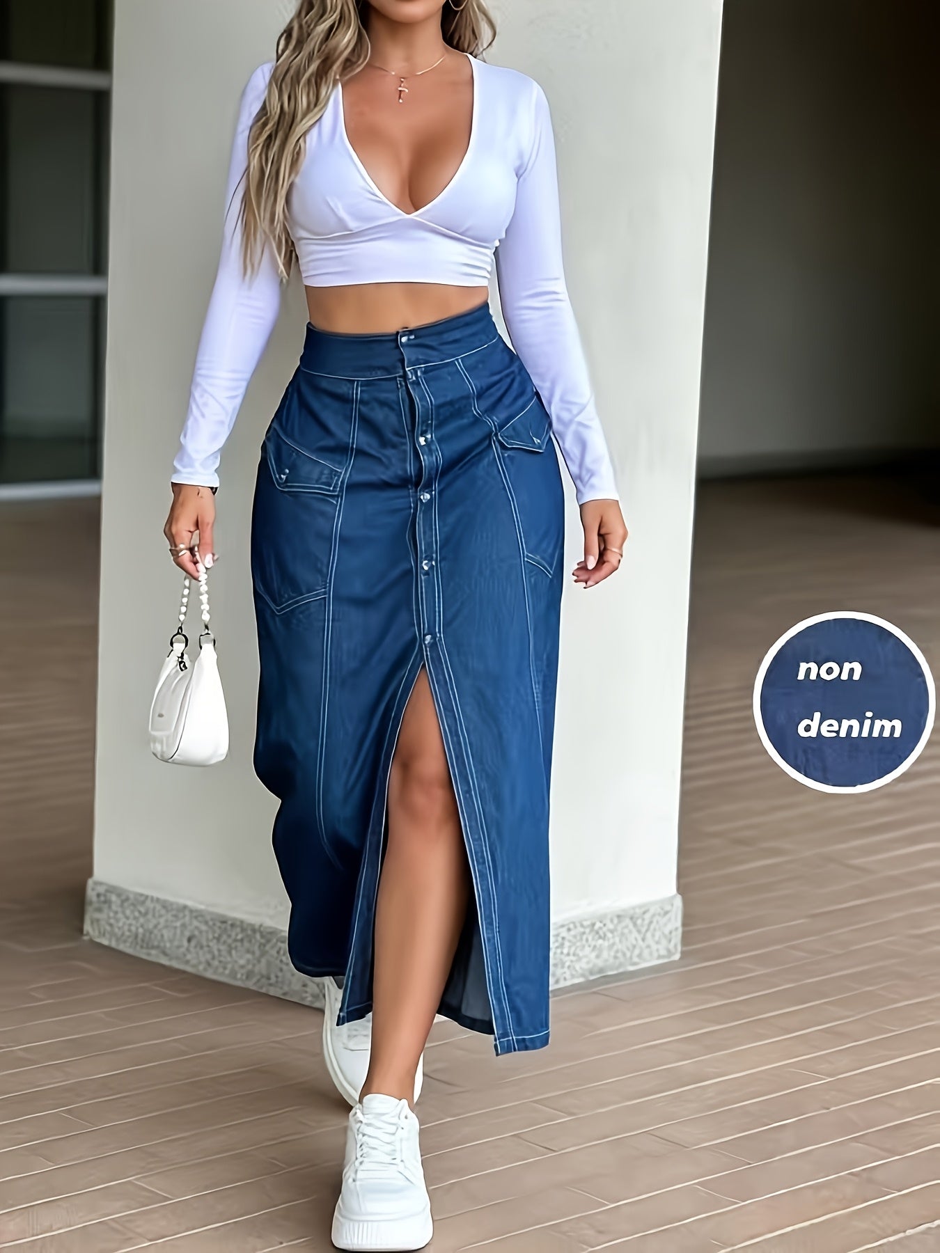 Effortless Blue Denim Look Long Skirt for Women with High Waist Button Front Slit Style
