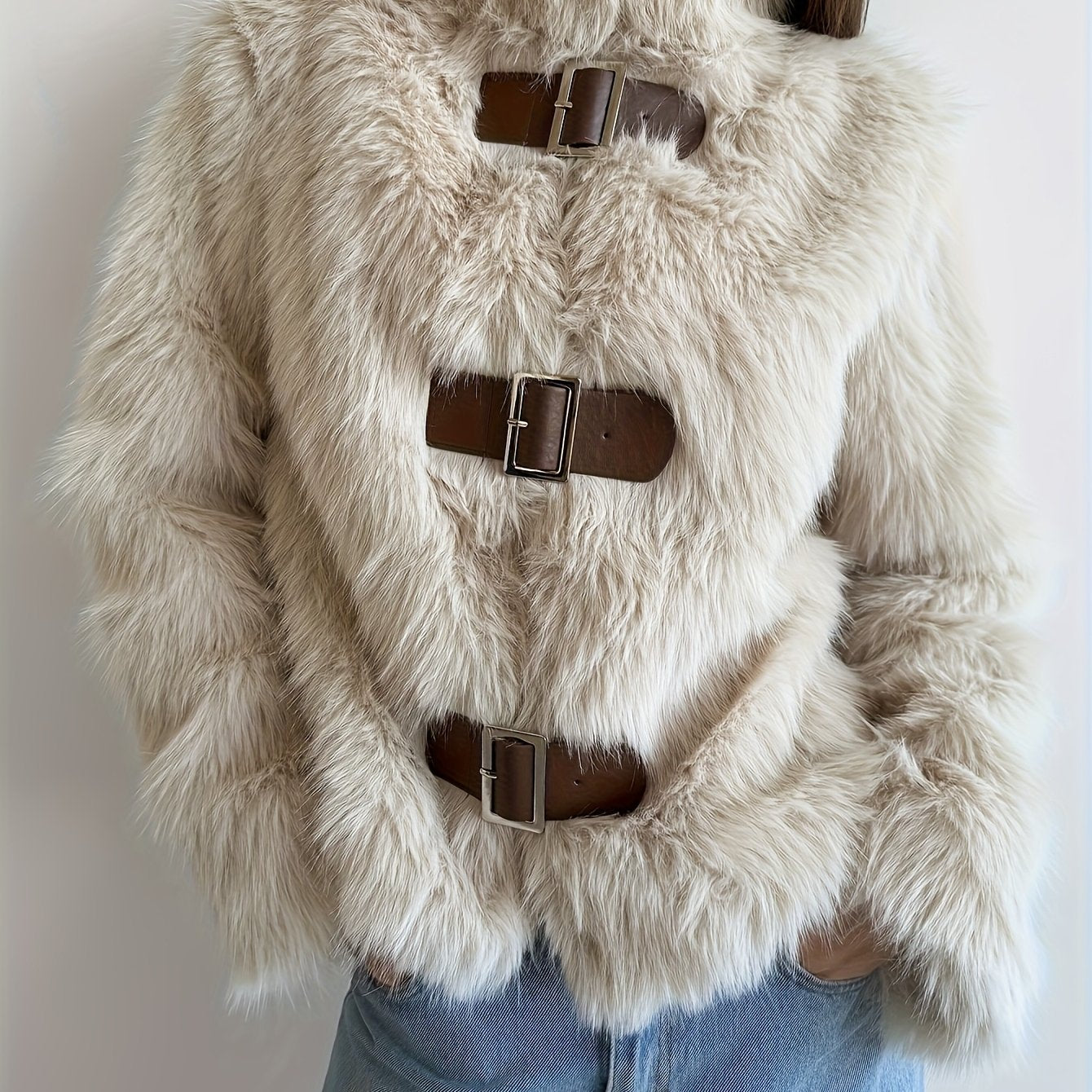 Cozy Cream Flurry Coat for Women with Buckle Front Shaggy Faux Fur Cropped Plush Winter Style