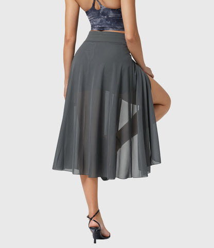 Effortless Sage Green Mesh Skirt for Women with High Waist Drawstring A Line Flowy Style