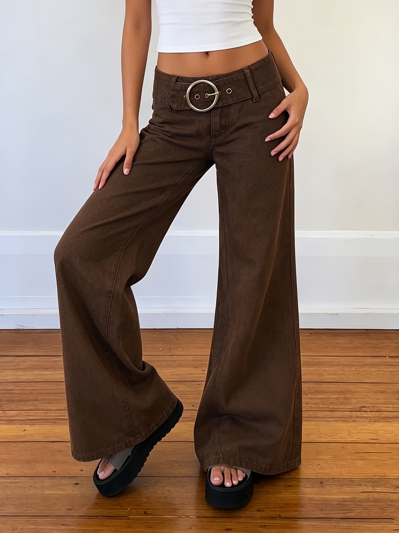 Effortless Dark Brown Buckle Jeans for Women with Low Rise Wide Leg Belted Relaxed Style