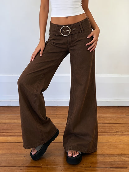 Effortless Dark Brown Buckle Jeans for Women with Low Rise Wide Leg Belted Relaxed Style
