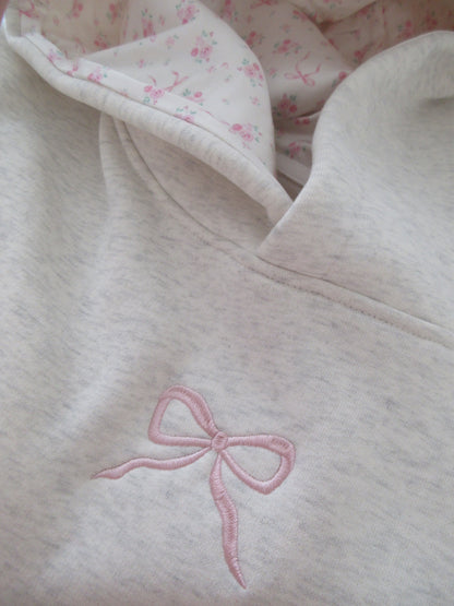 Comfortable Heather Gray Embroidered Bow Hoodie for Women with Hooded Long Sleeve Floral Lined Oversized Knit Style