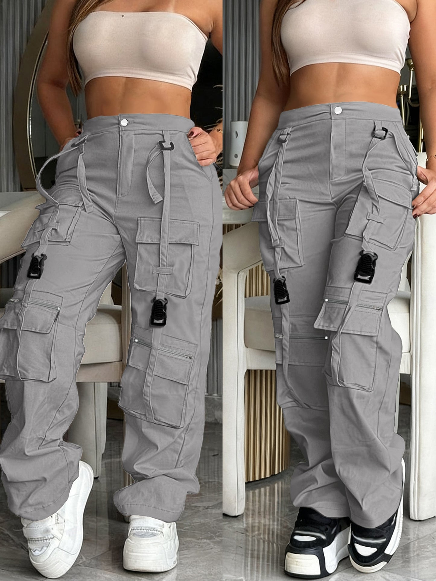 Effortless Cargo Pants for Women with High Waist Multi Pocket Wide Leg Utility Style