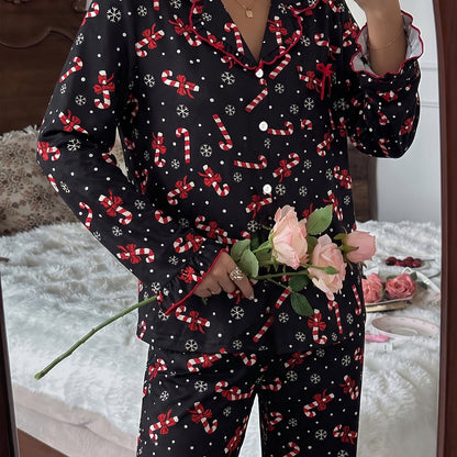 Cozy Black Candy Cane Print Christmas Pajamas for Women with Notch Collar Long Sleeve Ruffle Trim Relaxed Style