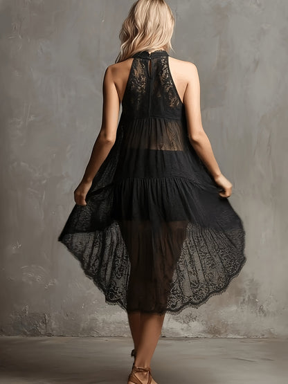 Elegant Little Black Dress for Women with Halter Neck Lace Overlay Sleeveless Hi Low Hem Casual Style