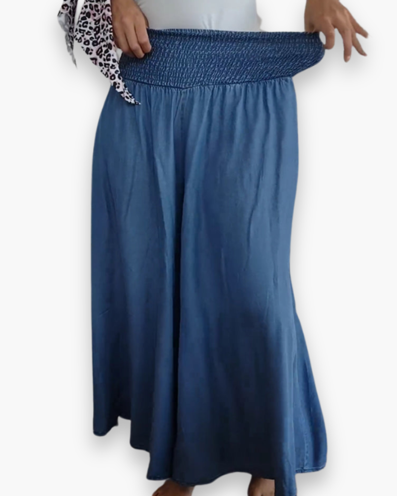 Effortless Chambray Maxi Skirt for Women with High Waist Smocked Pocket Flowing Style