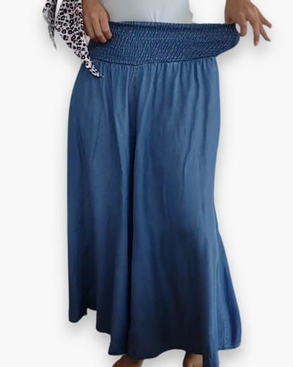 Effortless Chambray Maxi Skirt for Women with High Waist Smocked Pocket Flowing Style