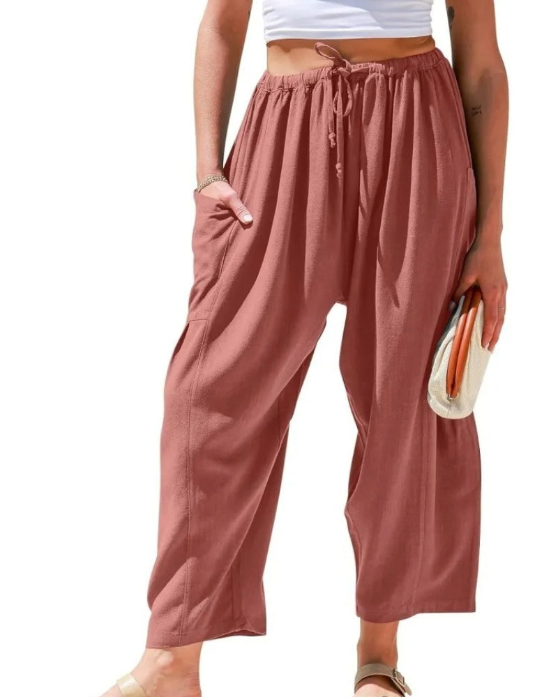 Effortless Linen Pants for Women with High Waist Drawstring Cropped Wide Leg Relaxed Casual Style