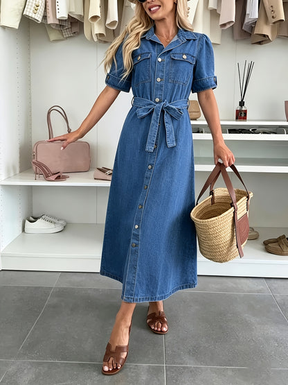 Effortless Blue Denim Dress for Women with Button Front Belted Puff Sleeve