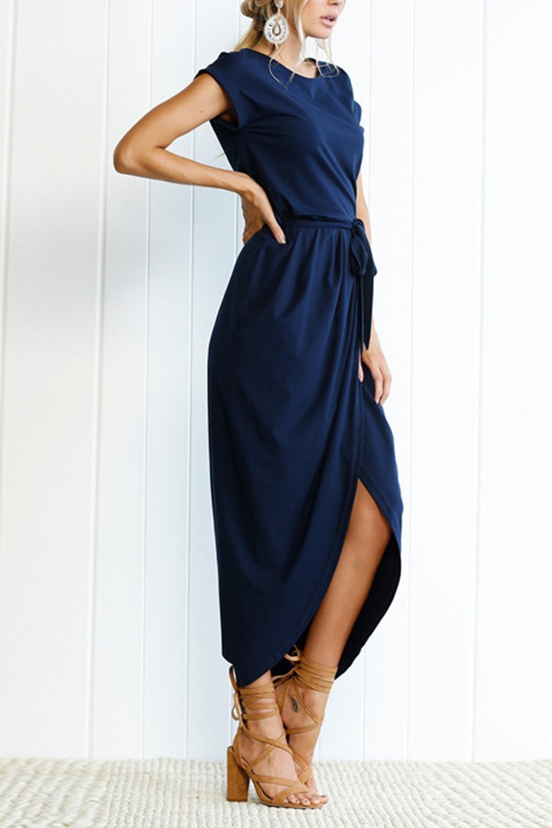 Effortless Knit Midi Dress for Women with Round Neck Cap Sleeve Wrap Tie Waist Slit Casual Style