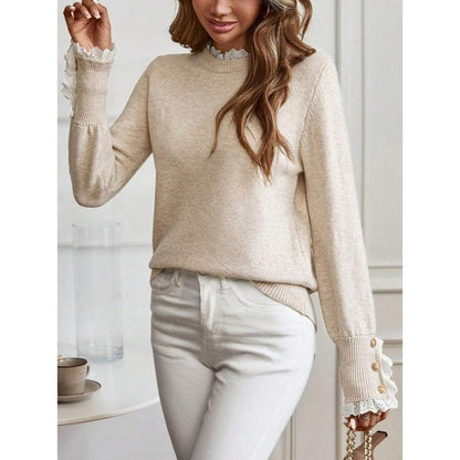 Comfortable Lace Trim Sweater for Women with High Neck Long Sleeve Button Cuff Relaxed Knit Style