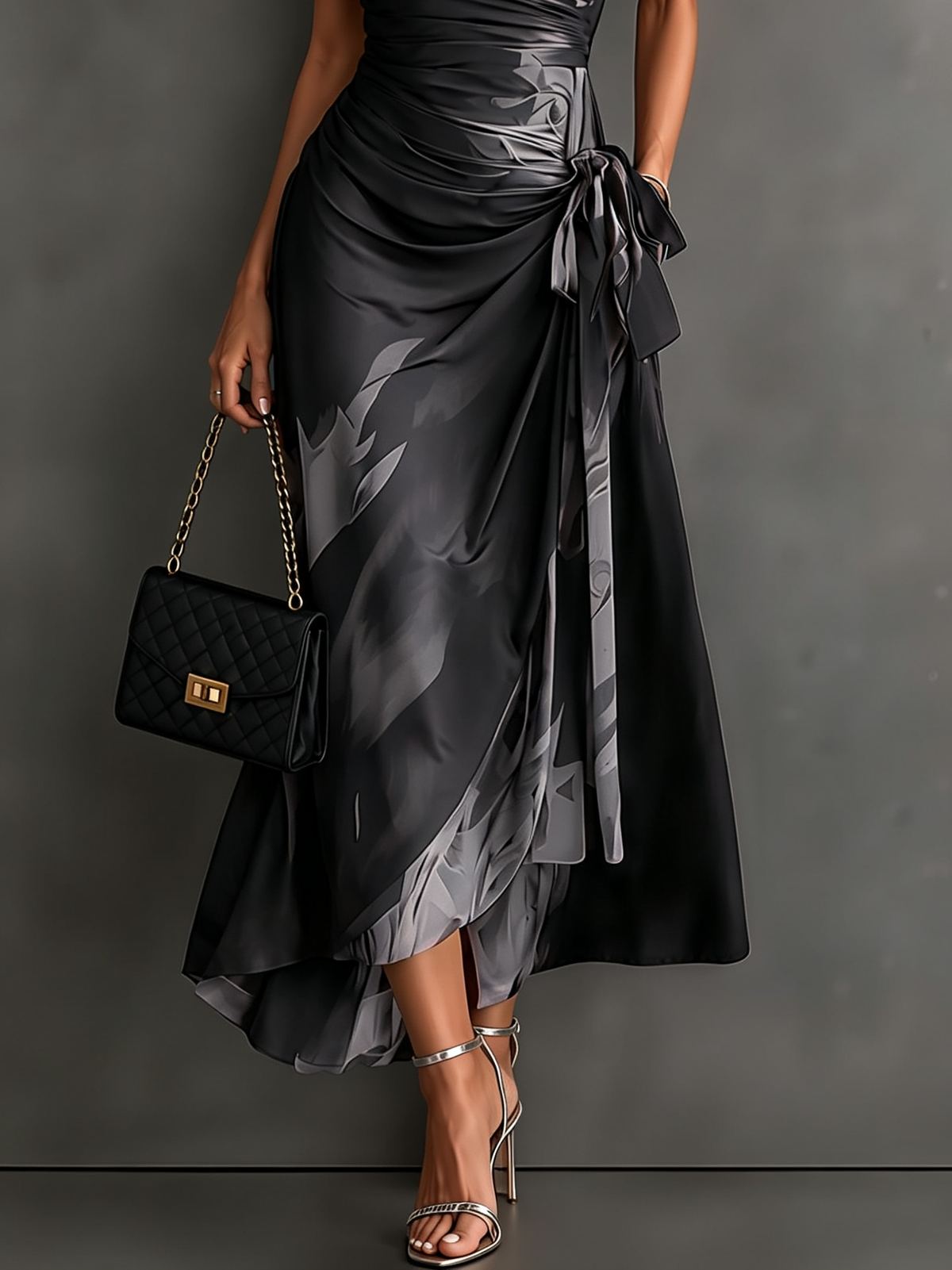 Chic Abstract Print Wrap Midi Dress for Women with Collared V Neck Short Sleeve Satin Flowy Style