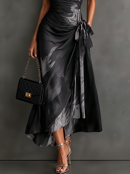 Chic Abstract Print Wrap Midi Dress for Women with Collared V Neck Short Sleeve Satin Flowy Style