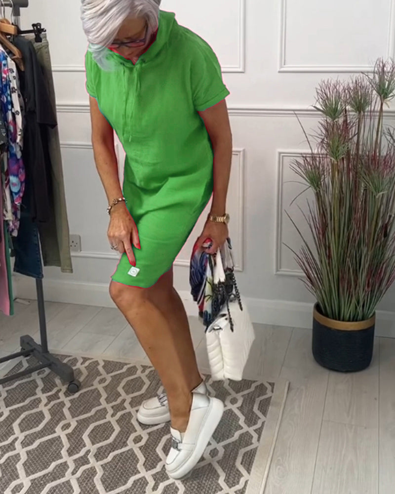 Comfortable Coral Hoodie Dress for Women with Drawstring Hood Short Sleeve Relaxed Shift Casual Style