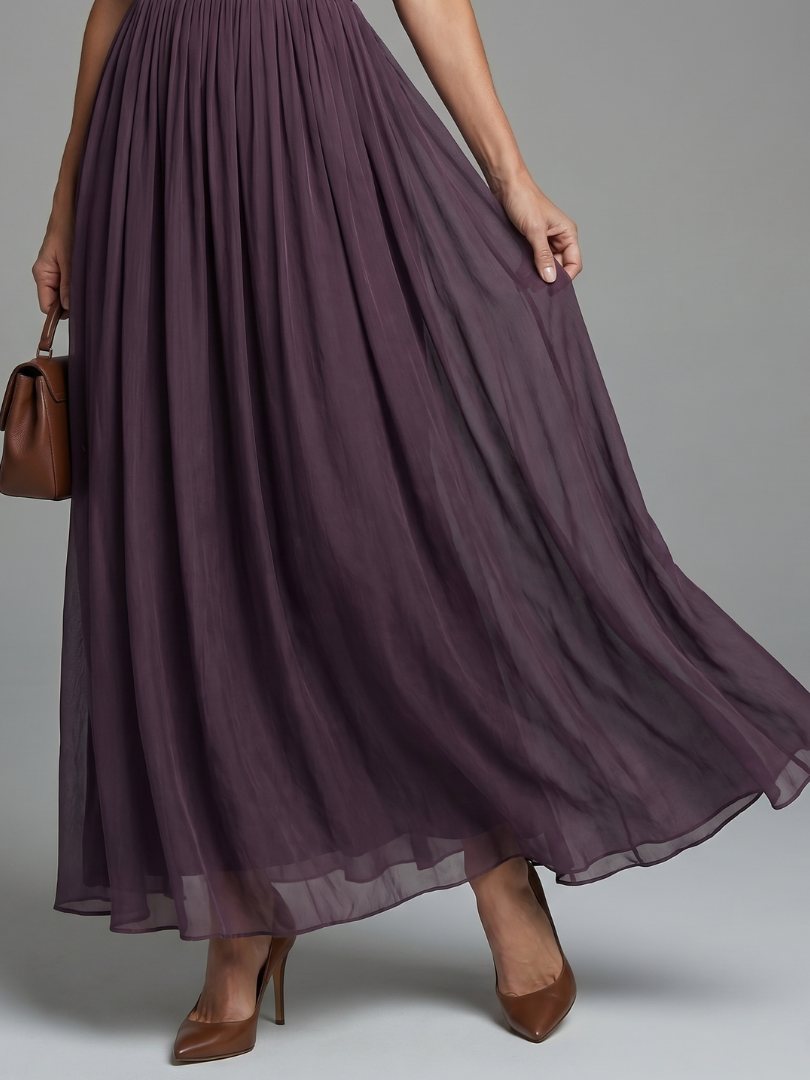 Elegant Purple Maxi Dress for Women with V-Neck Lace Trim Short Sleeve Gathered Waist Wedding Guest Style