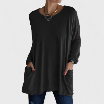 Comfortable Oversized Tunic for Women with Round Neck Long Sleeve Relaxed Pocket Casual Style