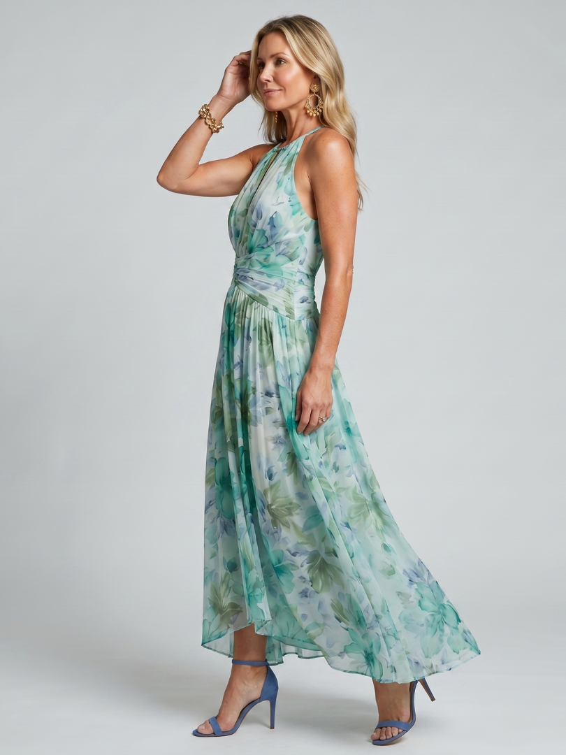 Elegant Green Floral Chiffon Cocktail Dress for Women with Halter Neck Ruched Waist High Low Flowing Style