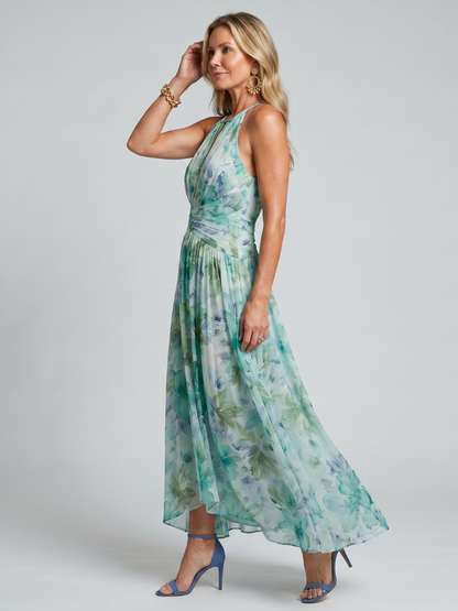 Elegant Green Floral Chiffon Cocktail Dress for Women with Halter Neck Ruched Waist High Low Flowing Style