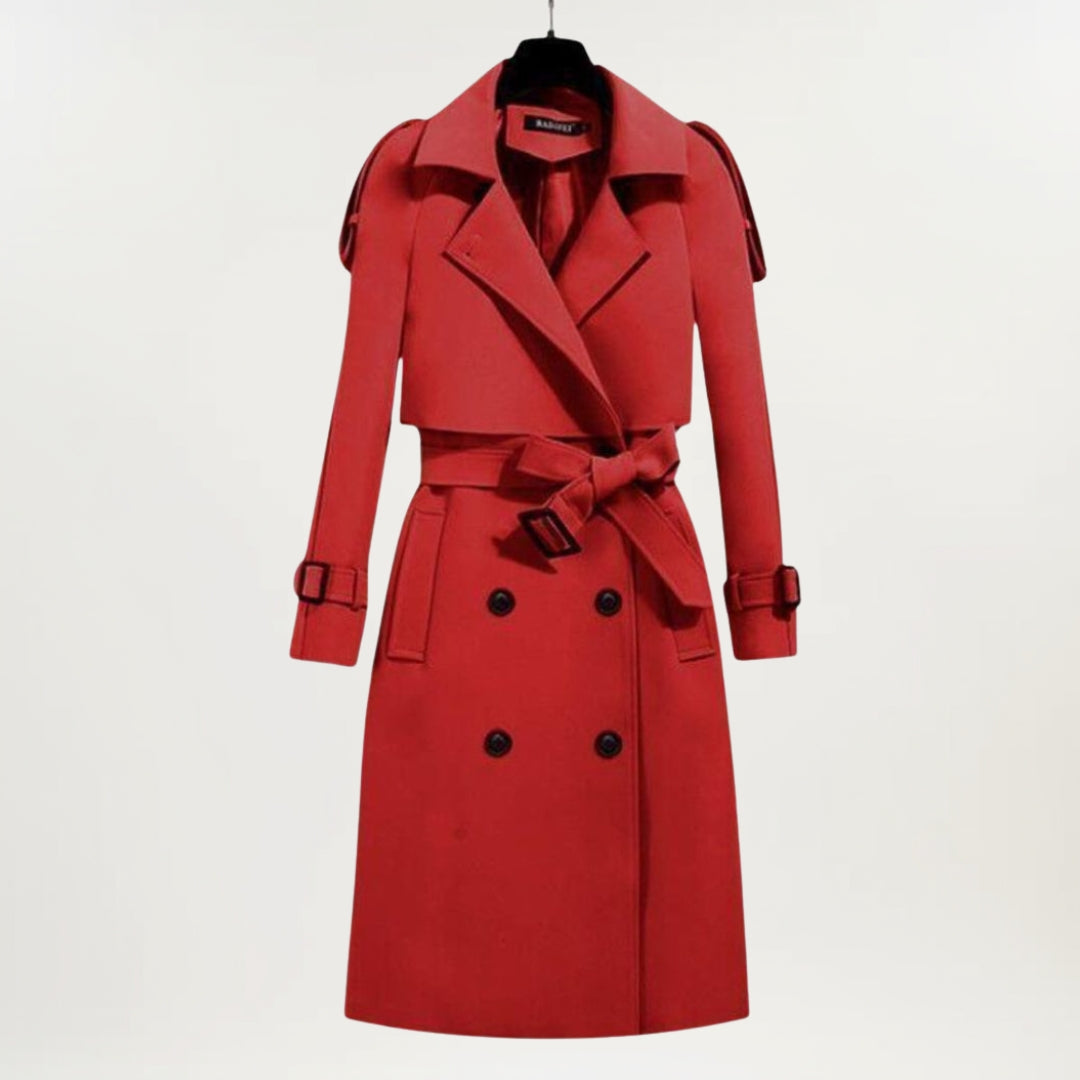Elegant Longline Trench Coat for Women with Lapel Collar Long Sleeve Belted Double Breasted Style