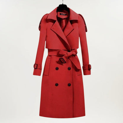 Elegant Longline Trench Coat for Women with Lapel Collar Long Sleeve Belted Double Breasted Style