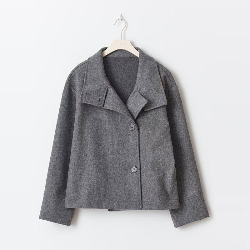 Elegant Wool Pea Coat for Women with Stand Collar Long Sleeve Oversized Button Front Winter Style