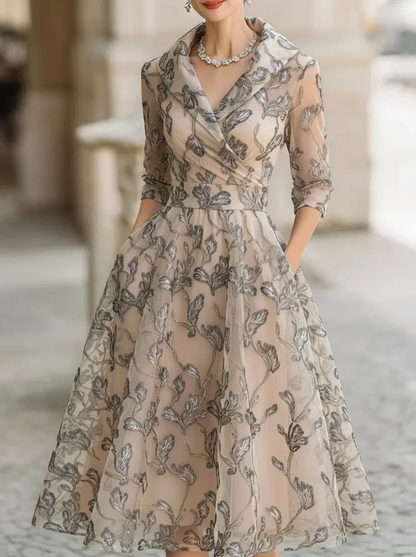 Elegant Beige Floral Lace Dress for Women with Collar Neck Elbow Sleeve Cinched Waist Midi Style