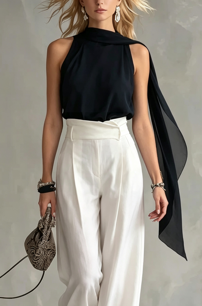 Elegant Black Halter Top for Women with Draped Cowl Neck Flowy Cape Style