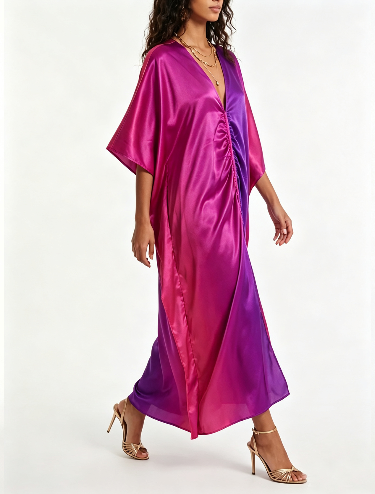Elegant Purple Satin Kaftan Dress for Women with Batwing Sleeve Draped Silhouette
