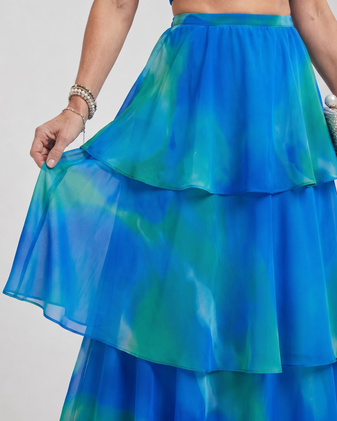 Elegant Blue Tie Dye Two Piece Set for Women with Halter Neck Tiered Ruffle Maxi Skirt Wedding Guest Style
