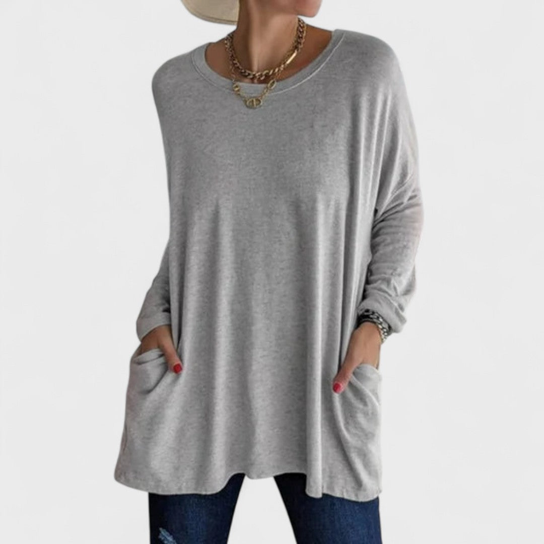 Comfortable Oversized Tunic for Women with Crew Neck Long Sleeve Side Pocket Relaxed Style